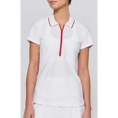 L'etoile Sport Mesh Zip Performance Polo In White With Red Trim