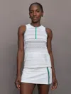 L'etoile Sport Zip Front Tank In White With Navy Trim And Green Zip