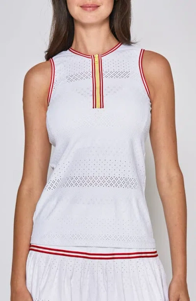 L'etoile Sport Zip Front Top In White/red Trim With Yellow Zip