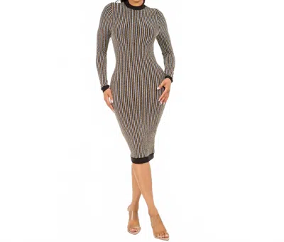 Let's Go Uptown Elegant Stripe Glitter Back Zipper Midi Bodycon Dress In Gold/silver In Brown