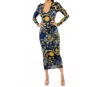 Let's Go Uptown Ruched Lined Double Layer Midi Dress In Navy/gold/black In Blue