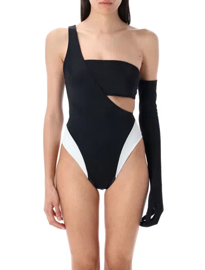Let's Swim Lets Swim  One-shoulder Colour-block Swimsuit In Black