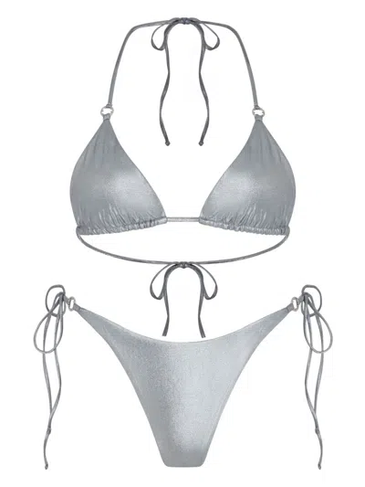 Let's Swim Metallic Triangle Bikini Top In Silver
