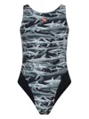 Let's Swim Shark-print Open Back Swimsuit In Grey