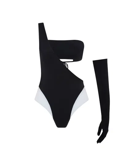 LET'S SWIM WOMEN'S BLACK / WHITE BLACK & WHITE ONE SHOULDER BANDEAU SWIMSUIT