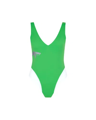 LET'S SWIM WOMEN'S GREEN SHARK PRINT PLUNGE SWIMSUIT