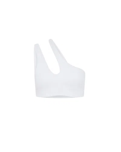 LET'S SWIM WOMEN'S WHITE TEARDROP CUT OUT ONE SHOULDER BIKINI TOP