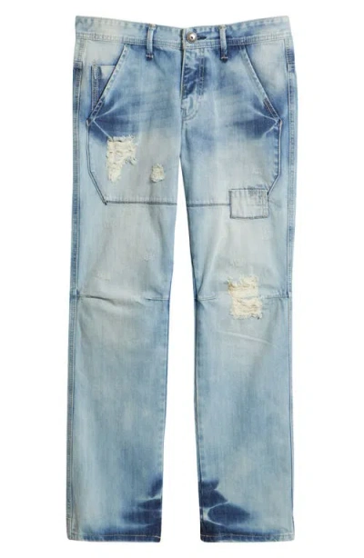 Level 7 Five Pocket Distressed Slim Straight Leg Jeans In Blue