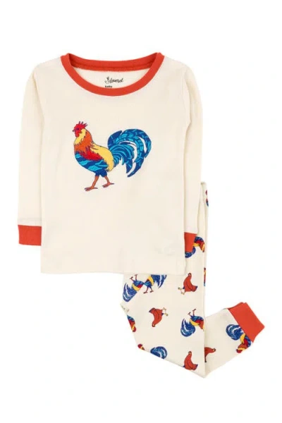 Leveret Kids'  Beige Rooster 2-piece Pajama Set In White