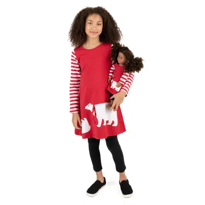Leveret Kids' Christmas Girls And Matching Doll Cotton Dress Bear In Red