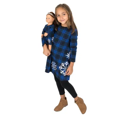Leveret Kids' Christmas Girls And Matching Doll Cotton Dress Plaid In Blue