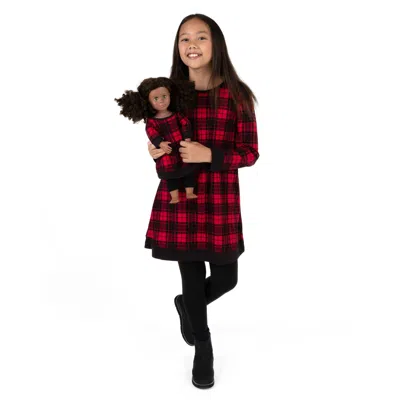 Leveret Kids' Christmas Girls And Matching Doll Cotton Dress Plaid In Red