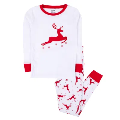 Leveret Christmas Kids Two Piece Cotton Pajamas Reindeer Red And White In Multi