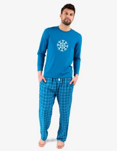 Leveret Cotton Top & Flannel Pants Printed Holiday Pajama Set In Blue