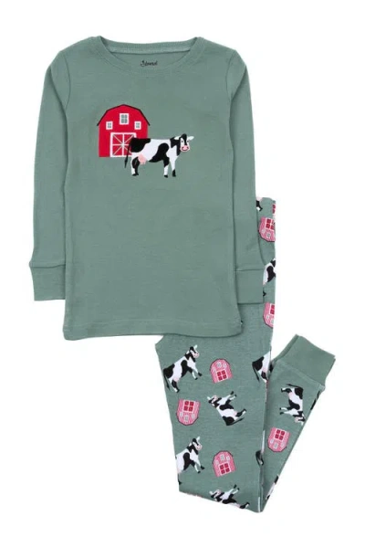Leveret Babies'  Cow Cotton Pajama Set In Green
