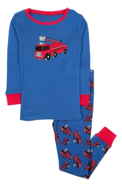 Leveret Babies'  Firetruck 2-piece Cotton Long Sleeve Pajamas In Blue