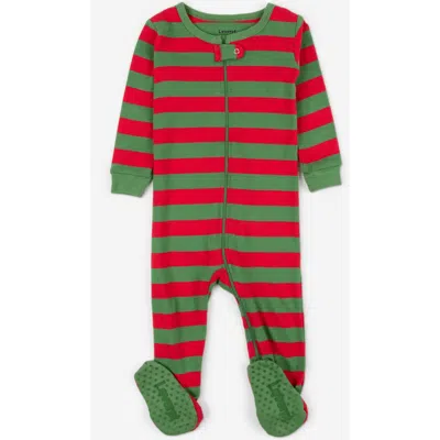 Leveret Kids'  Footed Striped Cotton Matching Family Holiday Pajamas In Green