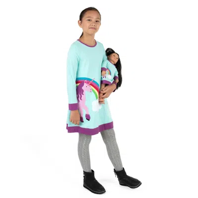 Leveret Kids' Girls And Matching Doll Cotton Dress Aqua Unicorn In Blue