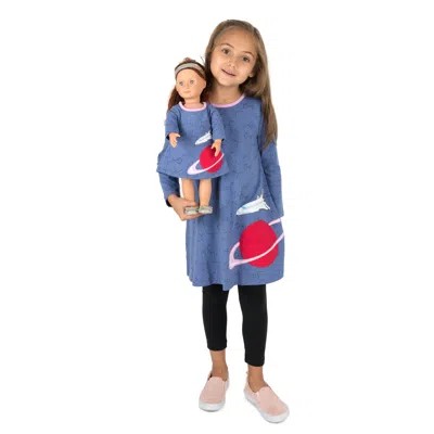 Leveret Kids' Girls And Matching Doll Cotton Dress Planet In Blue