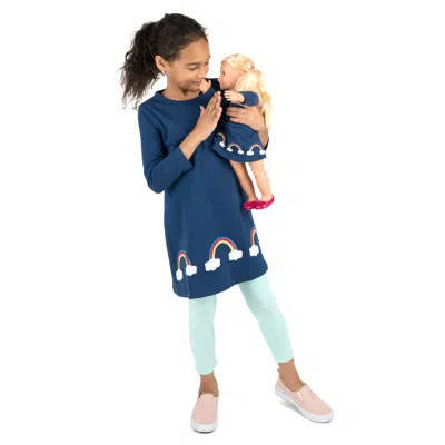 Leveret Kids' Girls And Matching Doll Cotton Dress Rainbow In Blue