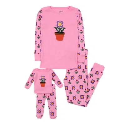 Leveret Kids' Girls And Matching Doll Cotton Pajamas Flower Pot In Multi