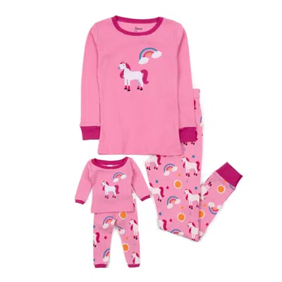 Leveret Kids' Girls And Matching Doll Cotton Pajamas Unicorn Rainbow In Multi