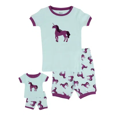 Leveret Kids' Girls And Matching Doll Short Pajamas Unicorn In Purple