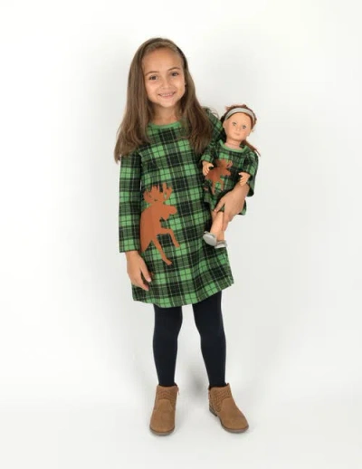 Leveret Kids'  Girls Cotton Dress With Matching Doll Dress, Printed Design In Green