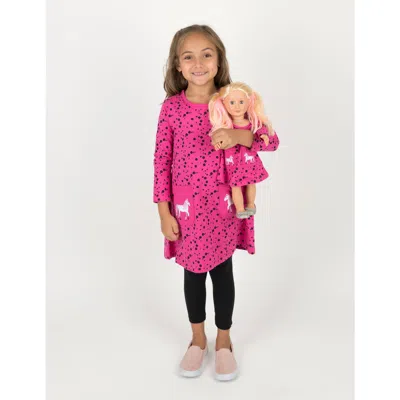 LEVERET LEVERET GIRLS COTTON DRESS WITH MATCHING DOLL DRESS, PRINTED DESIGN