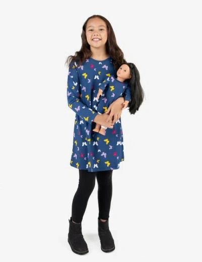 Leveret Kids'  Girls Cotton Dress With Matching Doll Dress, Printed Design In Blue