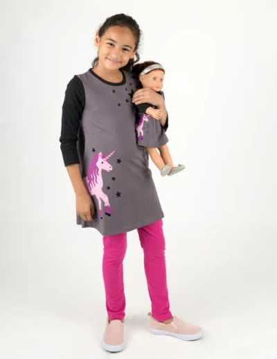 Leveret Kids'  Girls Cotton Dress With Matching Doll Dress, Printed Design In Gray