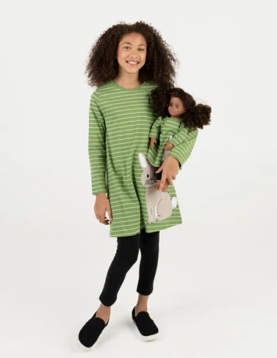 Leveret Kids'  Girls Cotton Dress With Matching Doll Dress, Printed Design In Green