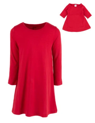 Leveret Kids'  Girls Cotton Dress With Matching Doll Dress, Printed Design In Red