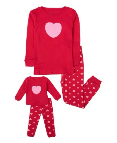 Leveret Kids'  Girls Cotton Print Pajamas With Matching Doll Pair In Red