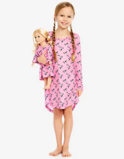 Leveret Kids'  Girls Long Sleeve Nightgown With Matching Doll Nightgown, Printed Design In Pink