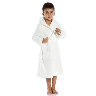 Leveret Kids Fleece Hooded Robe Neutral Solid Color In White