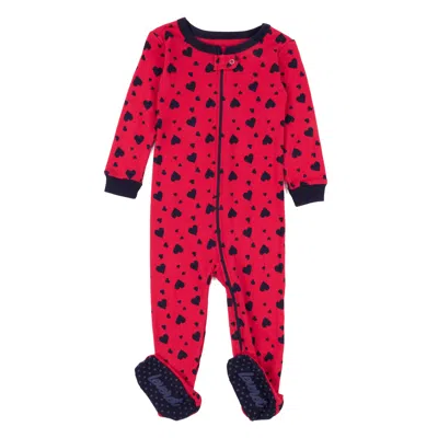 Leveret Kids Footed Cotton Pajamas Navy Hearts In Red