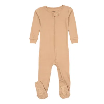 Leveret Kids Footed Cotton Pajamas Neutral Solid Color In Beige