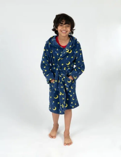 Leveret Kids Printed Fleece Hooded Robe In Blue