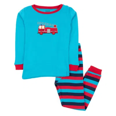 Leveret Kids Two Piece Cotton Pajamas Fire Truck With Stripes In Multi