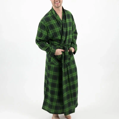 Leveret Mens Black & Green Plaid Flannel Robe
