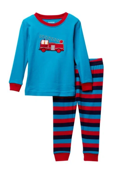 Leveret Kids'  Two-piece Fire Truck Pajama Set In Blue