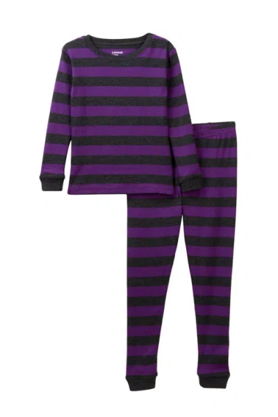 Leveret Kids'  Purple And Grey Stripes 2-piece Pajama Set