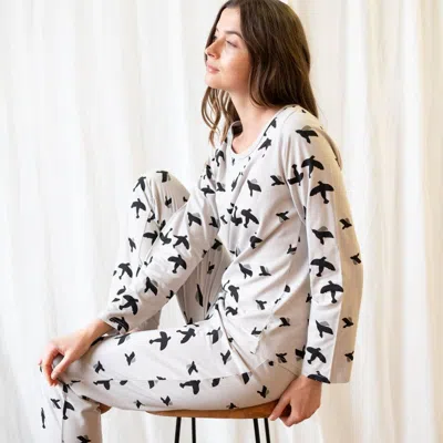 Leveret Women's Loose Fit Grey Bird Pajamas In White