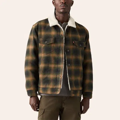 Levi 's Men's Komodo Green Plaid Print Sherpa Trucker Jacket In Brown