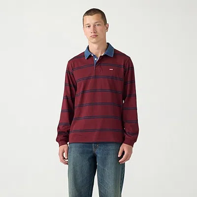 Levi 's Mens Asymmetrical Neck Long Sleeve Regular Fit Point Collar Striped Rugby Shirt In Burgundy