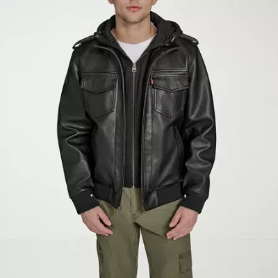 Levi 's Mens Faux Leather Hooded Midweight Jacket In Black