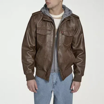 Levi 's Mens Faux Leather Hooded Midweight Jacket In Brown