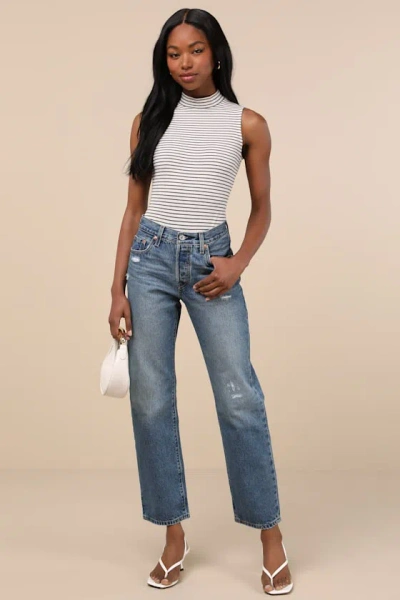 Levi's 501 '90s Medium Wash Distressed Mid-rise Straight Leg Jeans In Blue