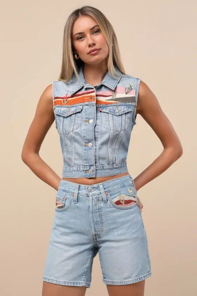Levi's 501 Mid Thigh Light Wash Denim Embroidered Shorts